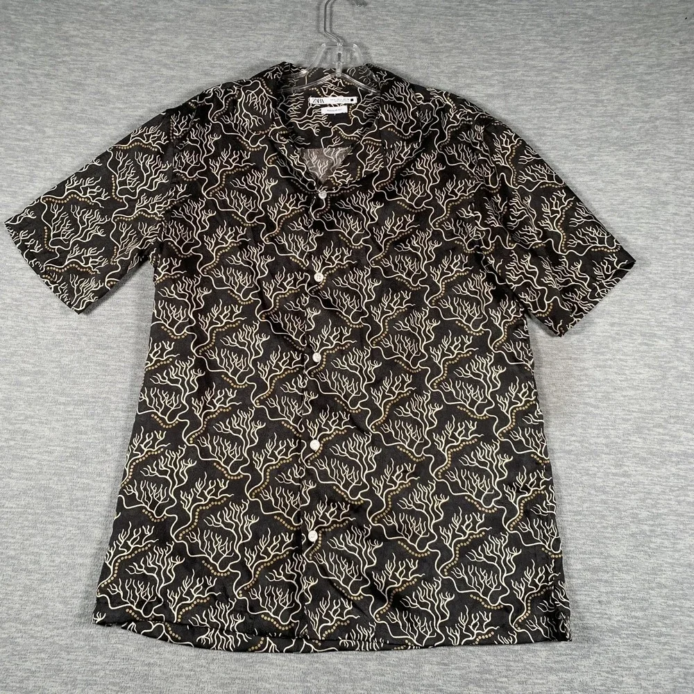Zara Shirt Mens Small Black Coral Print Viscose Short‎ Sleeve Button Up Casual